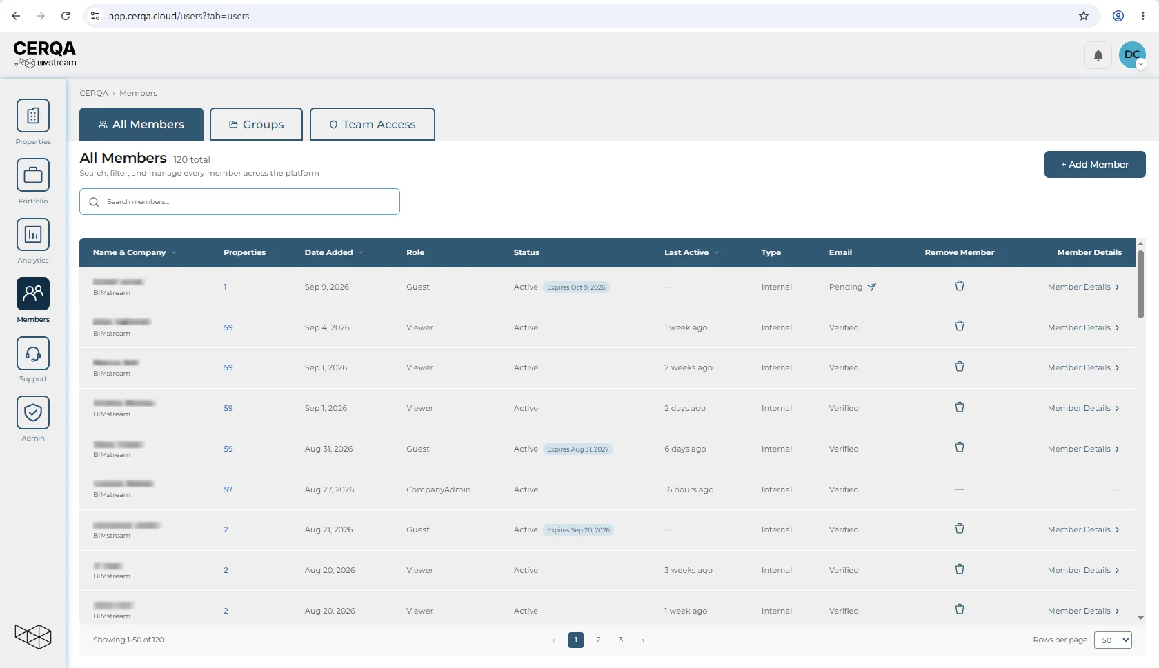 The All Members page in the CERQA app, reached from Members in the sidebar, with the existing member table visible and the + Add Member button in the top-right of the page header.