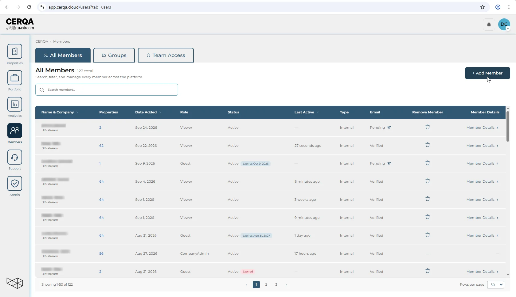 The All Members page (Members in the sidebar) with the cursor resting on the + Add Member button in the top-right of the page header, the button shown darker in its hover state above the member table.