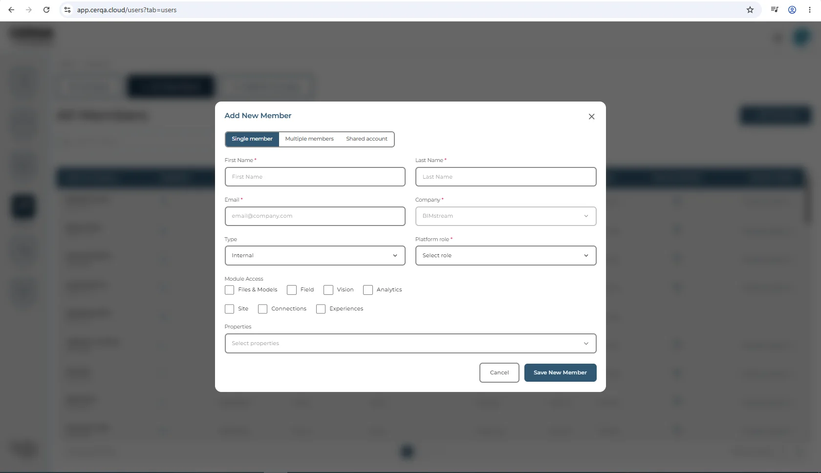 The Add New Member dialog open over the company Members page with every field empty. Three tabs run across the top - Single member, Multiple members, Shared account - with Single member selected. Below them: First Name, Last Name, Email, Company (pre-filled and greyed), Type, Platform role, the Module Access checkboxes (unticked in this capture), and Properties last.