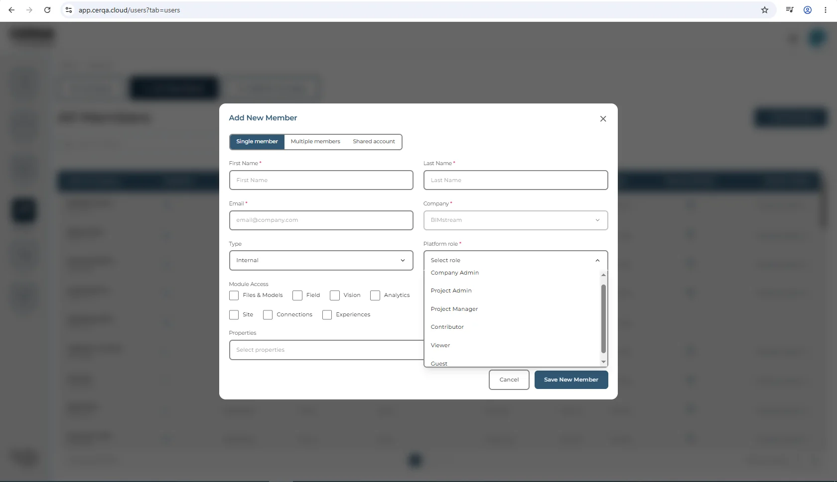 The Add New Member dialog with the Platform role dropdown expanded under a Company Admin actor, showing six options stacked vertically: Company Admin, Project Admin, Project Manager, Contributor, Viewer, Guest.