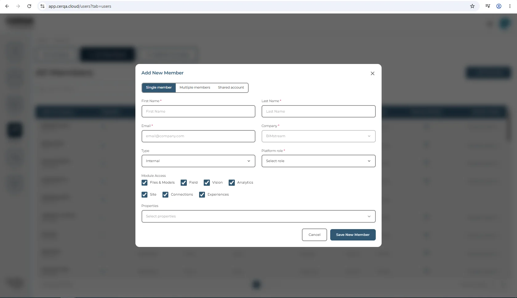 The Add New Member dialog zoomed to the Module Access section showing seven checkboxes in two rows: Files & Models, Field, Vision, and Analytics on the first row, then Site, Connections, and Experiences on the second, all checked. The company shown has every checkbox; a company with fewer modules would see fewer here.