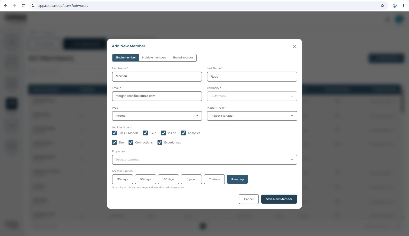 The Add New Member dialog filled in with example data: a first and last name, a test email, Company pre-filled and greyed, Type set to Internal, Platform role set to Project Manager, all seven Module Access checkboxes ticked, and an Access Duration row of preset chips with No expiry selected. The company shown has every checkbox; a company with fewer modules would see fewer.
