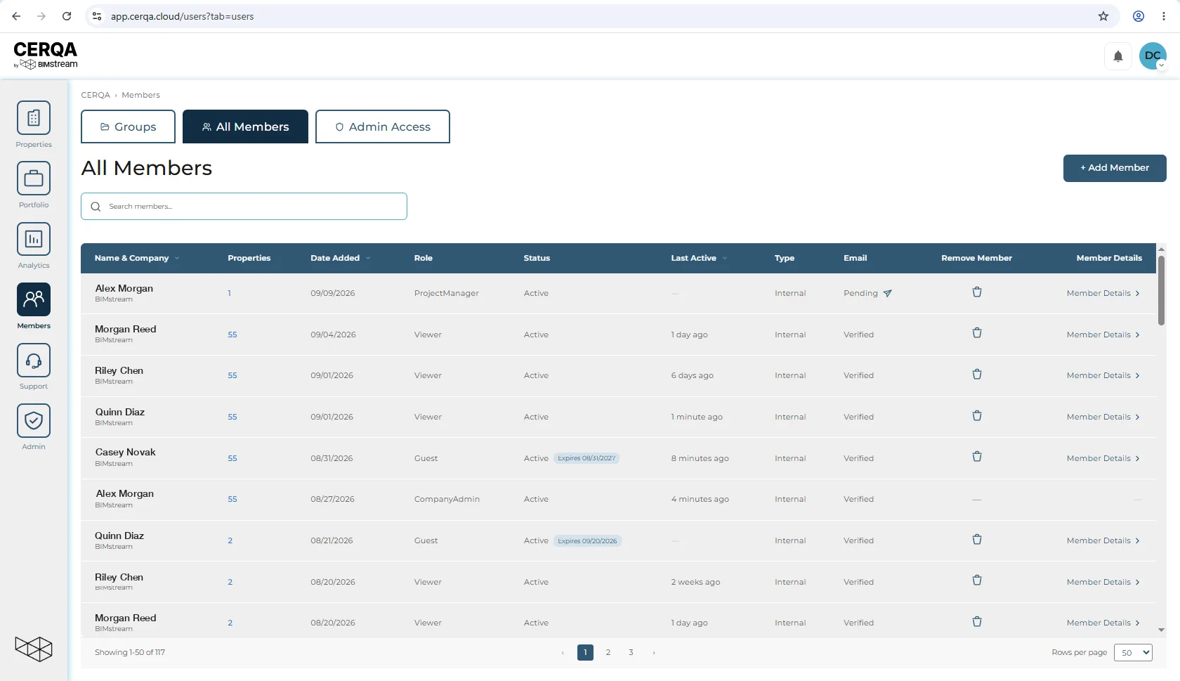 The company Members page after a member has been invited. The new member's row sits at the top of the table; its Status column reads Active while the Email column reads Pending with a resend icon beside it.