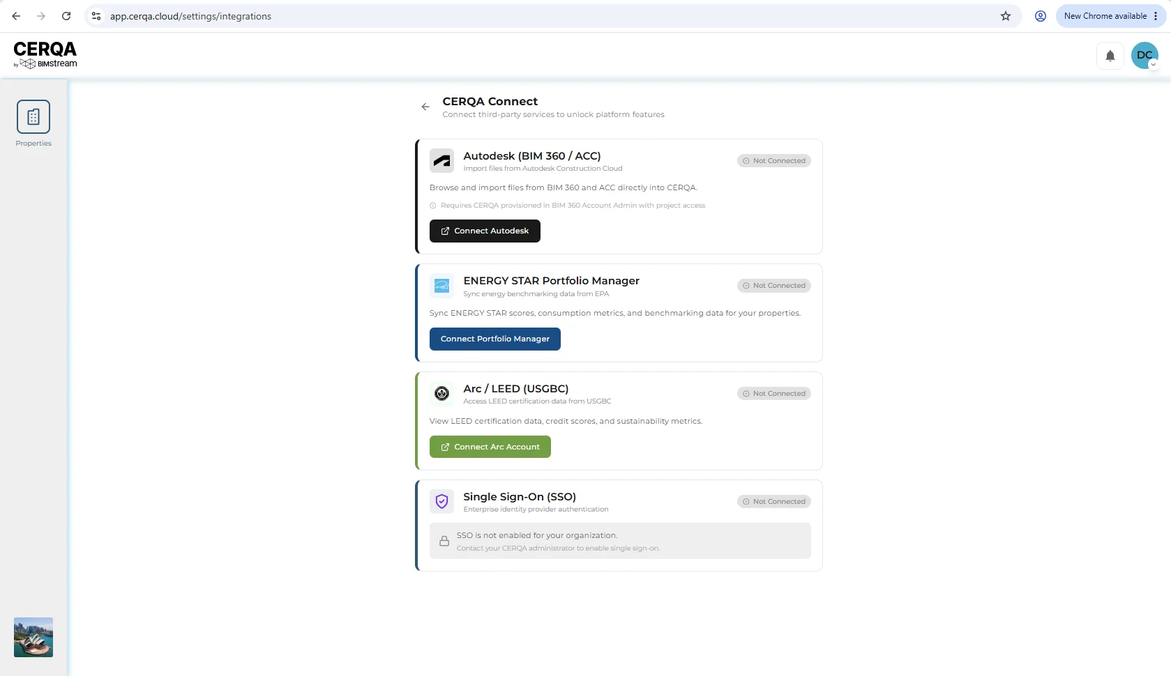 The CERQA Integrations page open with a grid of integration cards visible. The Arc / LEED (USGBC) card is highlighted and shows a Not Connected state with a Connect button.