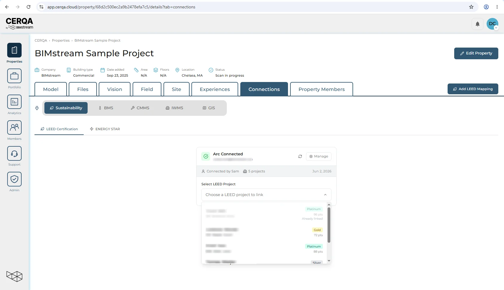 A property's Sustainability sub-tab open inside the Connections tab in CERQA, showing the LEED Certification inner tab with the Select LEED Project dropdown expanded. The dropdown lists several LEED projects from the connected USGBC account; one is highlighted as the selection.
