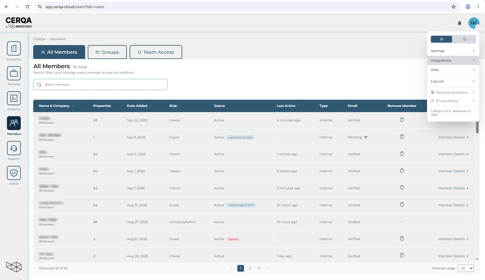 The CERQA header with the avatar menu open, showing the Integrations option among the avatar menu items.