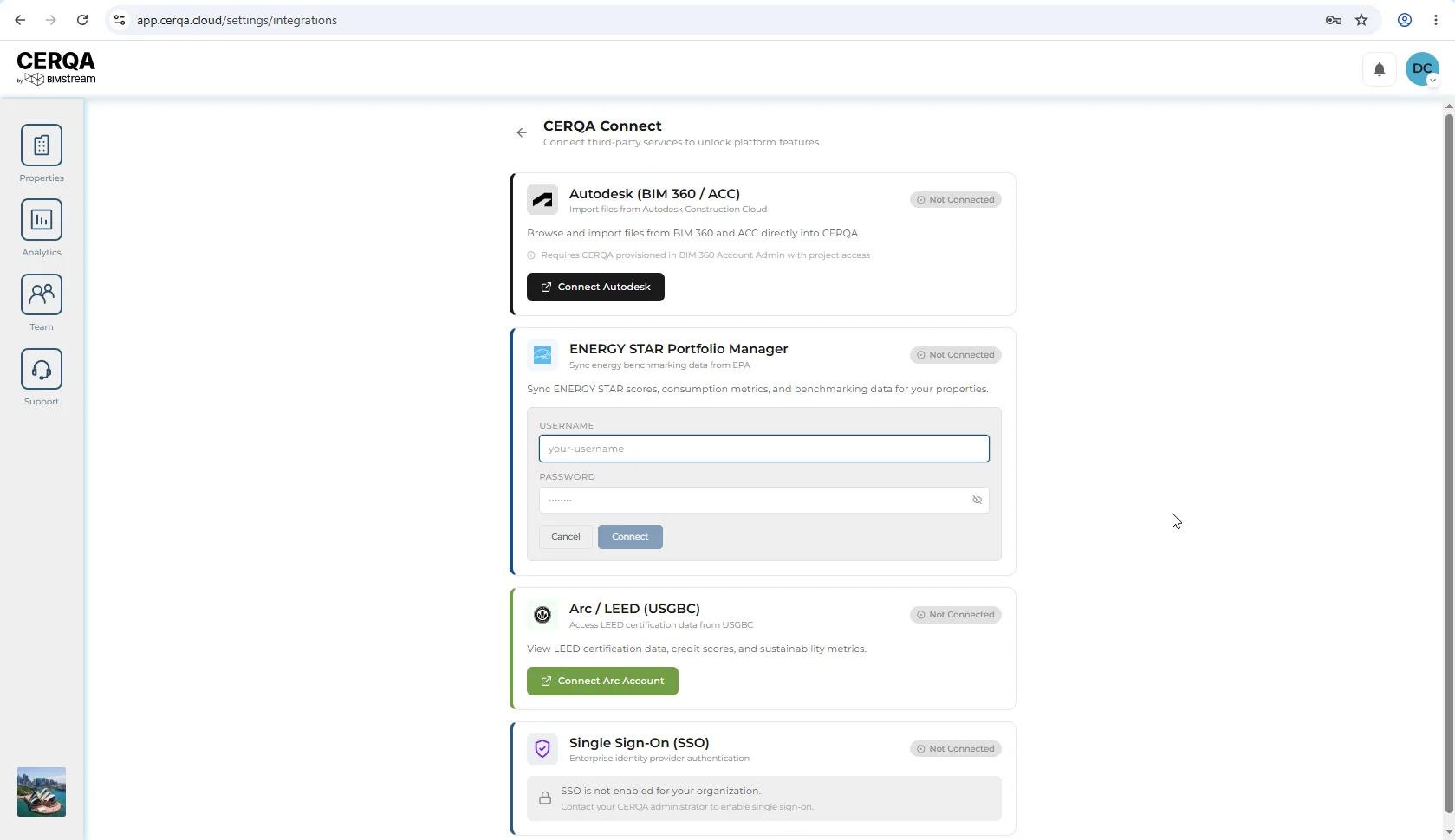 The CERQA-side connection dialog for Energy Star Portfolio Manager, with fields for the connection's name and the National Grid account context.