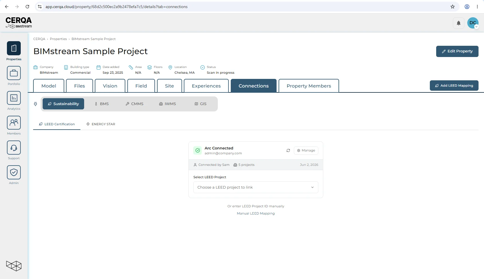 A property page at a company that has every module, with the tabs visible across the top: Model, Files, Vision, Field, Site, Experiences, Connections, Property Members. The Connections tab is highlighted.
