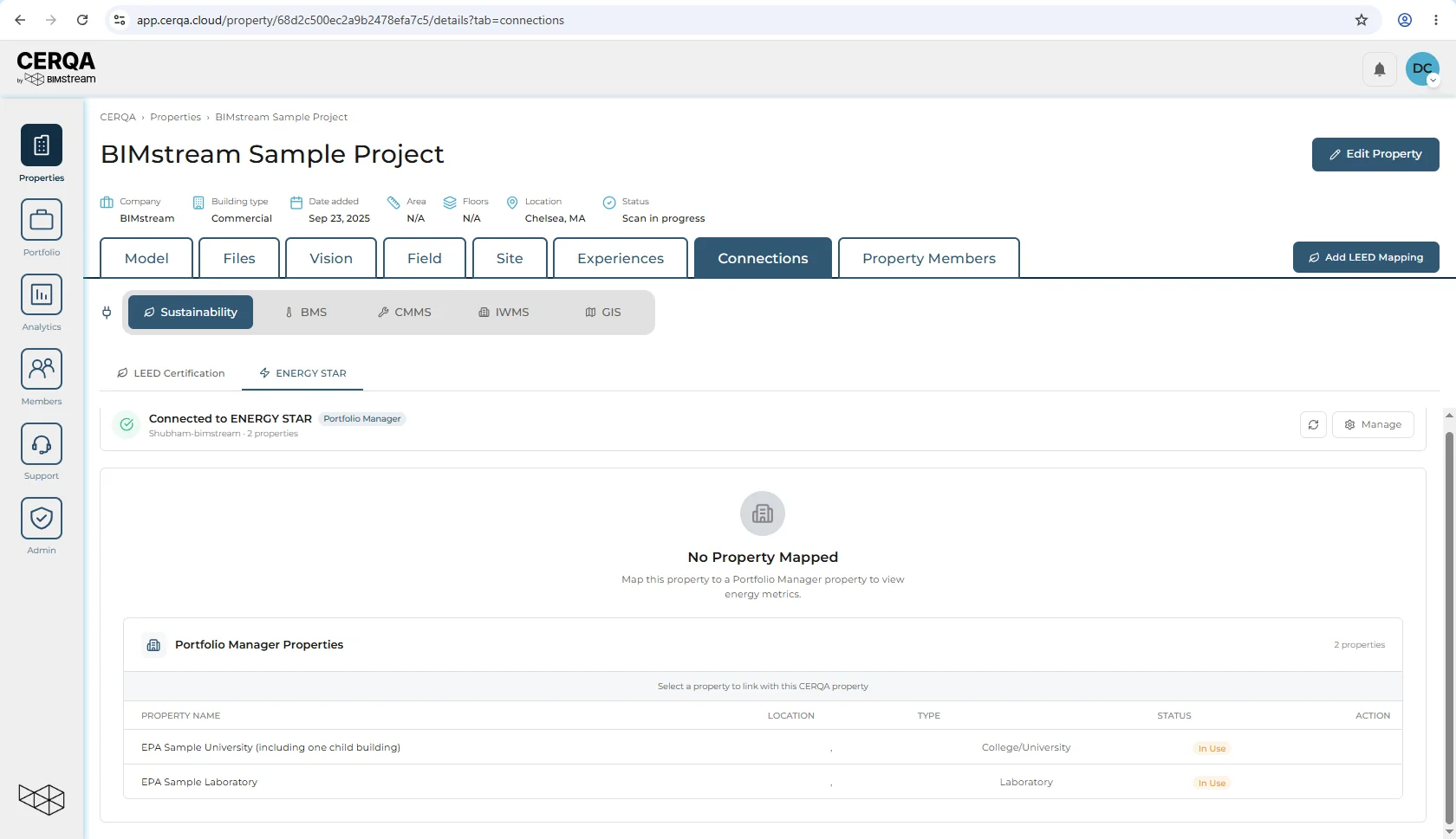 A property's Connections tab with the Sustainability sub-tab selected and, inside it, the ENERGY STAR inner tab selected beside LEED Certification. A green Connected to ENERGY STAR row carries a Portfolio Manager badge, with Refresh and Manage buttons at its right. Below it, a No Property Mapped empty state asks you to map this property to a Portfolio Manager property to view energy metrics, above a Portfolio Manager Properties list of two sample properties with their type and an In Use status.