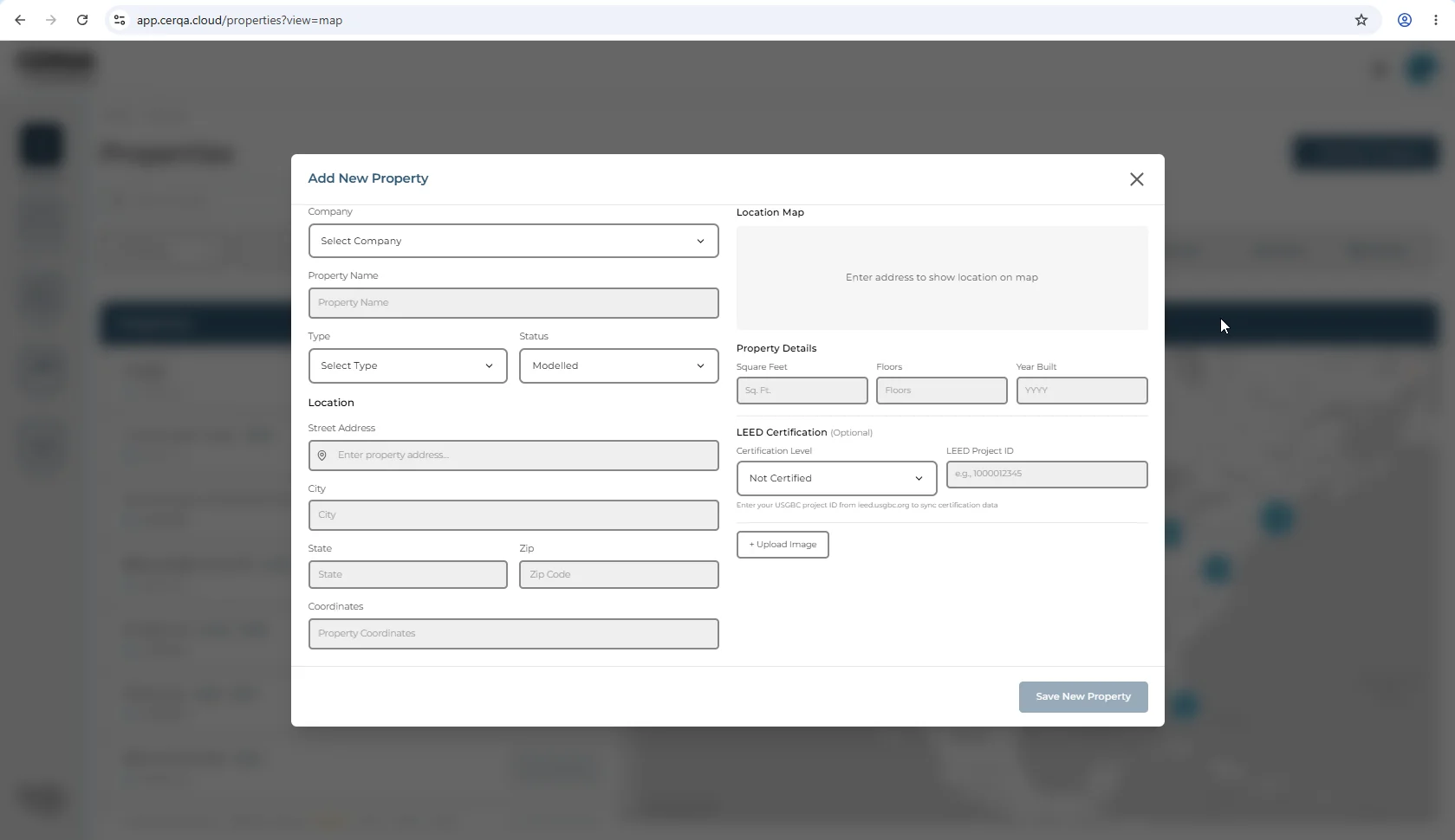 The Add Property dialog open over the Properties page, with the dialog title visible and all input fields empty.