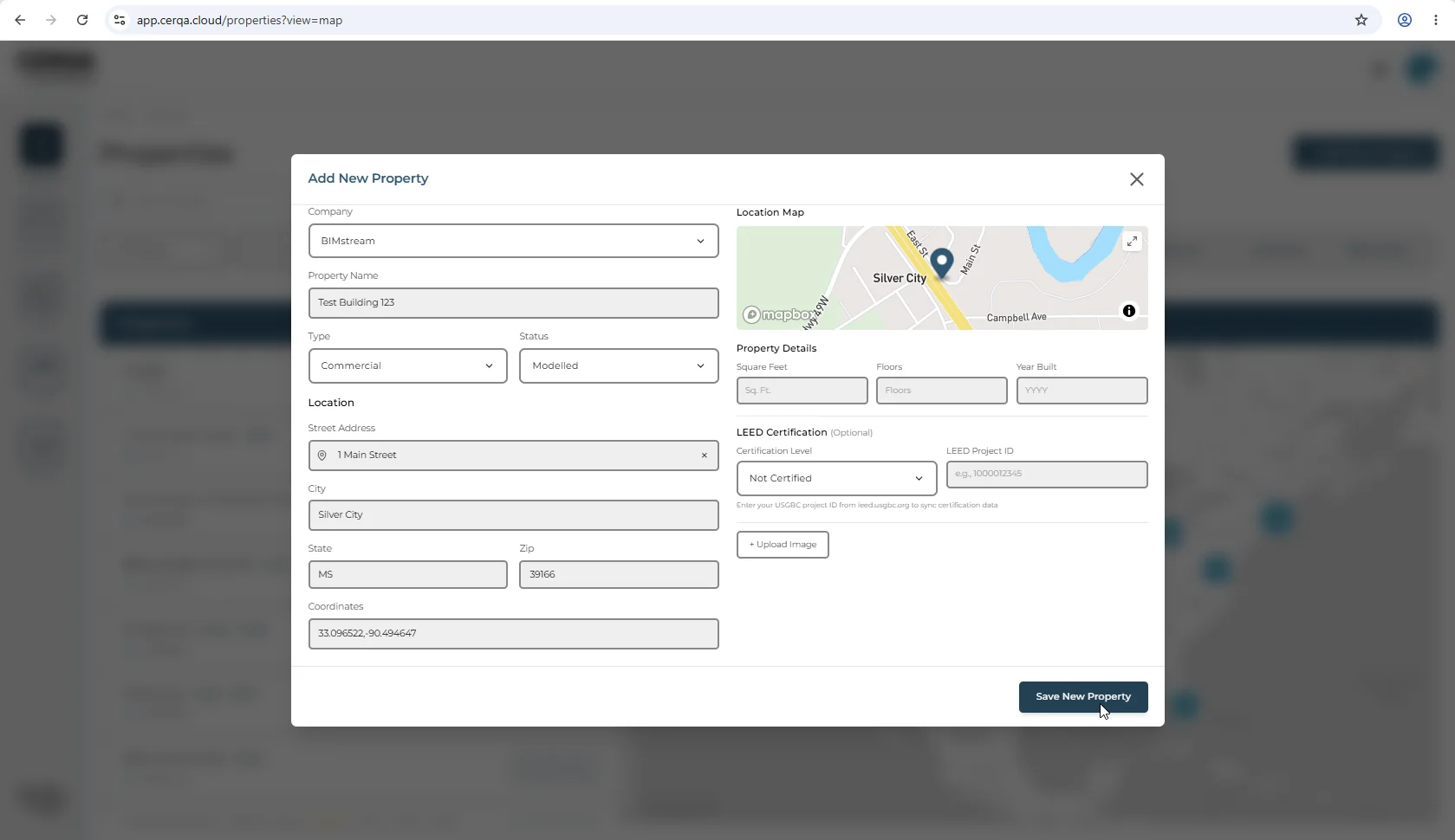 The Add Property dialog filled with example data: property name 'Test Building 123', address '1 Main St, City, State', and the cursor near the Save button.