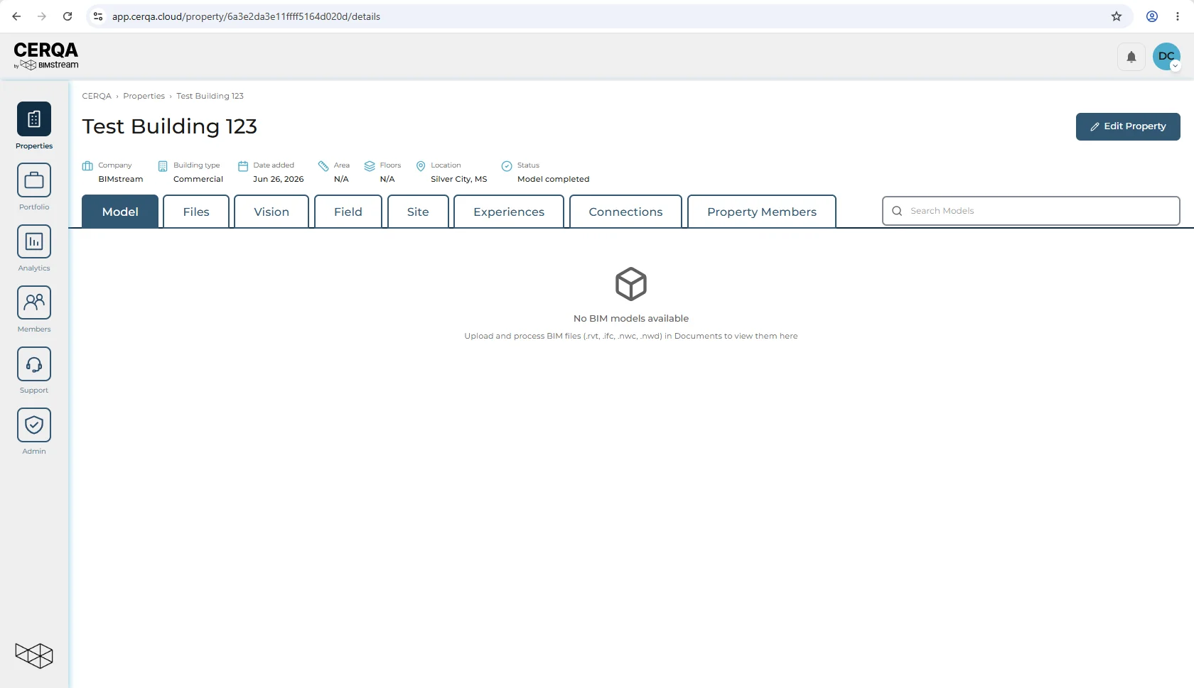 The newly created property's workspace immediately after Save, showing the eight-tab property bar (Model, Files, Vision, Field, Site, Experiences, Connections, Property Members) with Model selected, and the empty-state body reading No BIM models available.