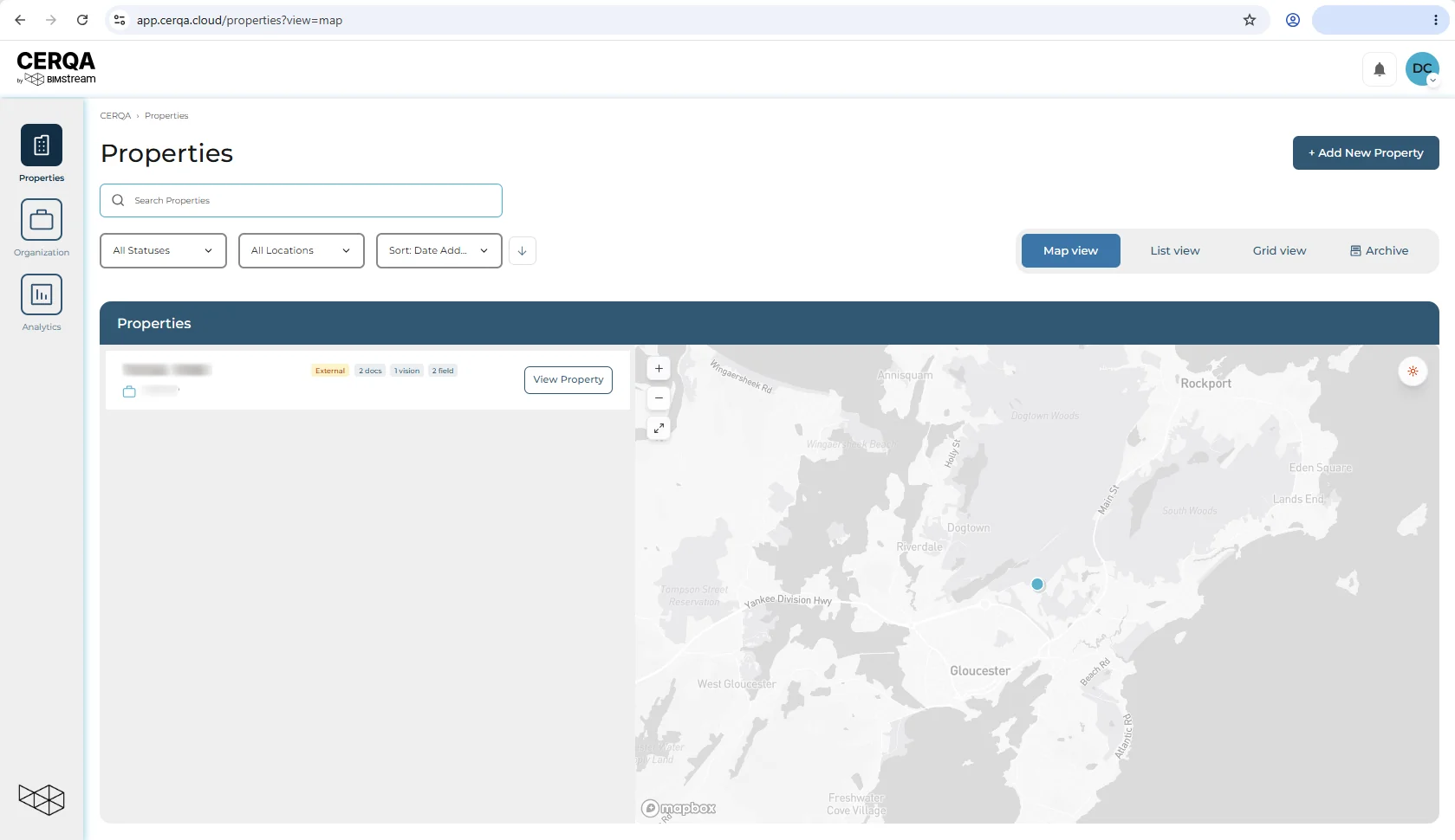 The Properties page in Map view captured under a Project Admin actor, showing the Add Property button visible in the same position as the CA-actor view. Shows that Project Admin can also create properties.