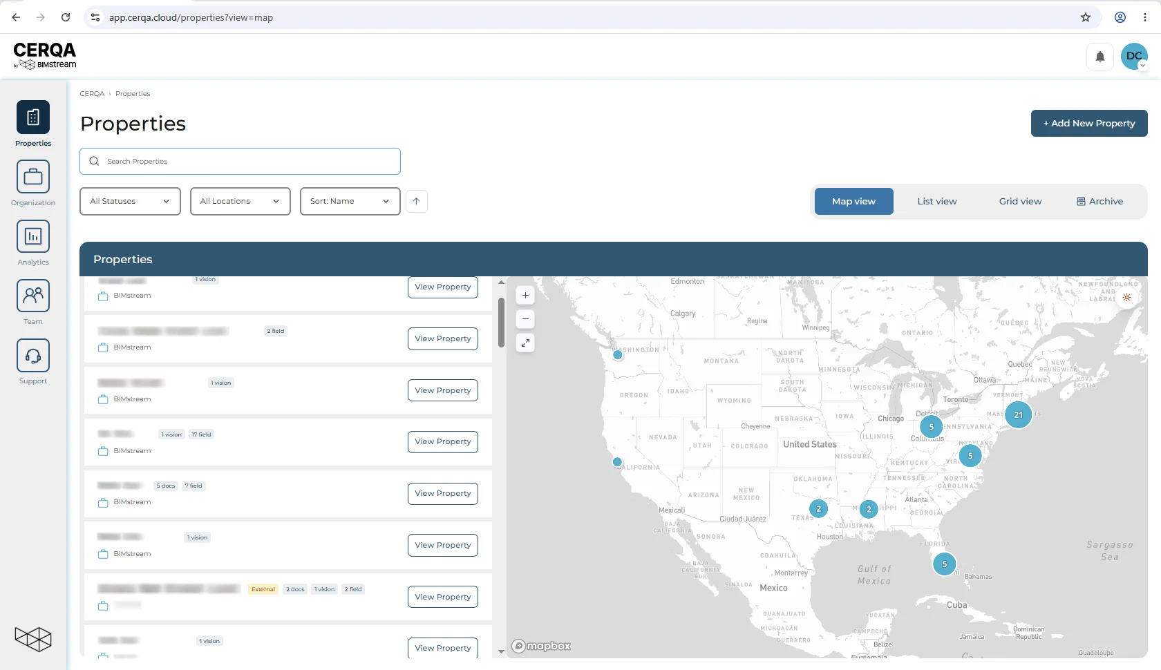 The Company Admin sidebar pinned to the left edge of the CERQA app in its default state under a Company Admin actor, showing sidebar items stacked vertically along the left, with the Properties page (map view) filling the work area to the right.
