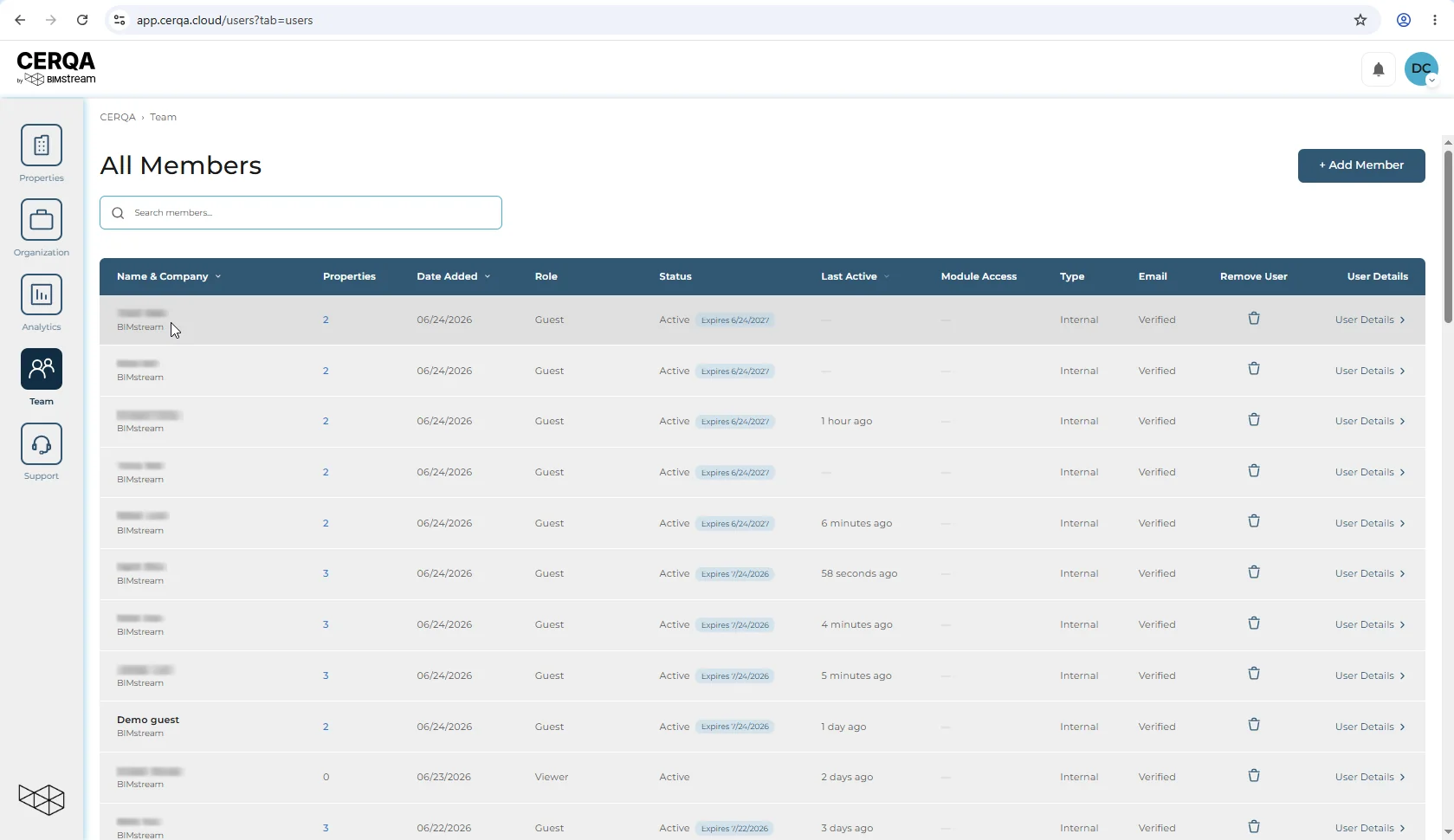 The Team page with the member list visible and a single test member row visually emphasized to indicate the row that is about to be opened for editing.