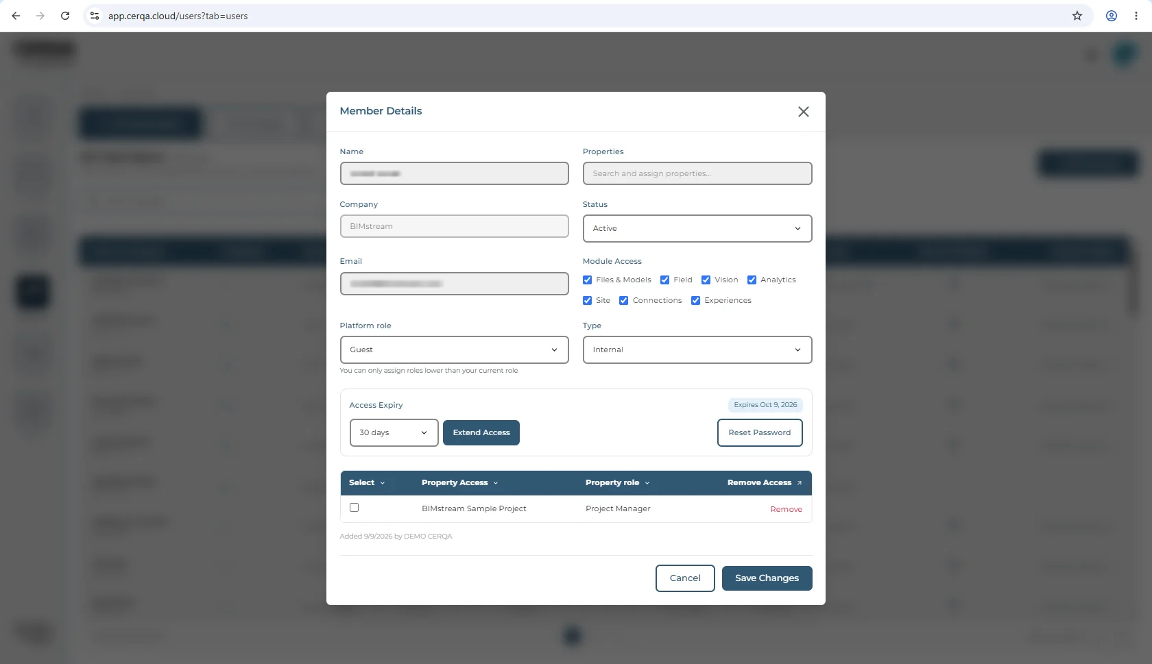 The Member Details modal open over the Members page, showing Name, Company and Email on the left, and on the right the Properties field, Status, the Module Access checkboxes, and Type. Below them the Access Expiry block holds a duration dropdown, an Extend Access button and an Expires badge, and under that a property-access table lists the properties this member can reach.