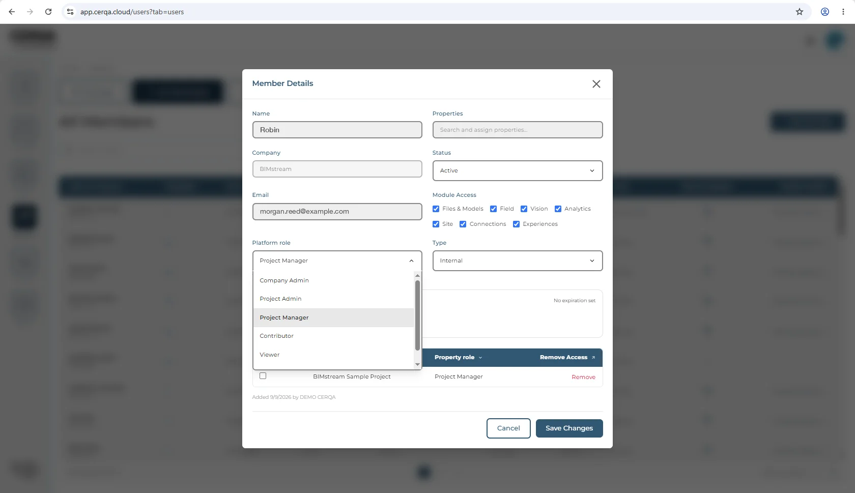 The company Member Details modal with the Platform role dropdown expanded under a Company Admin actor. Company Admin sits at the top of the list, followed by Project Admin, Project Manager, Contributor and Viewer, with a scrollbar showing more below.