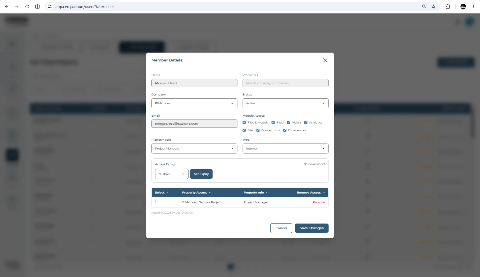 The company Member Details modal, with the Module Access section showing seven checkboxes ticked - Files & Models, Field, Vision and Analytics on the first row, then Site, Connections and Experiences. Below it an Access Expiry control offers a preset dropdown and a Set Expiry button, reading No expiration set. The company shown has every checkbox; a company with fewer modules would see fewer.