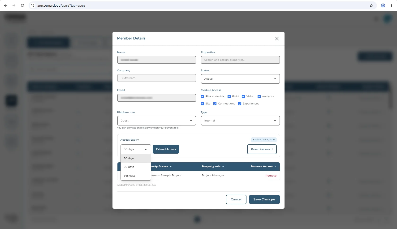 The Access Expiry block in the company-level Member Details modal. A dropdown reading 30 days is open, showing three options: 30 days, 90 days and 365 days. An Extend Access button sits beside it, a read-only badge reads Expires Oct 9, 2026, and a Reset Password button sits at the right.