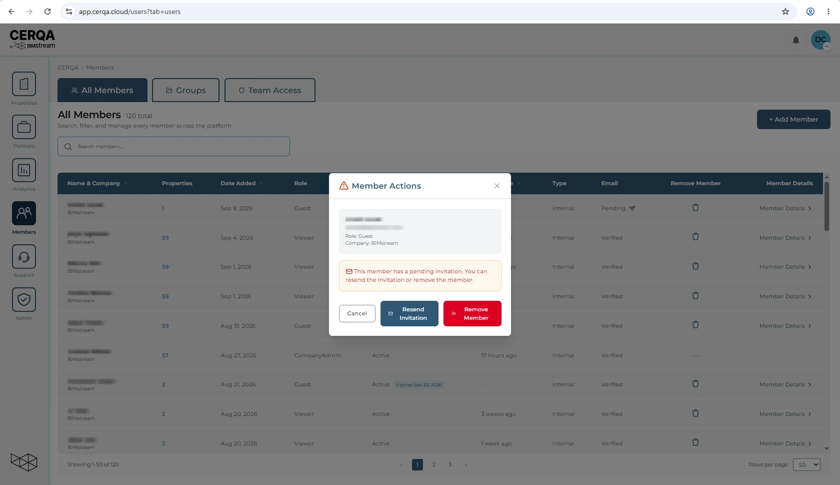 The Member Actions dialog open over the Members page for a member whose invitation is still pending. It shows the member's name, email, role and company, a note that the invitation is pending, and three buttons: Cancel, Resend Invitation and Remove Member.