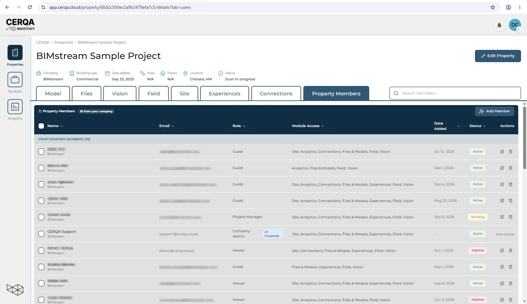 A property's Property Members tab viewed by a Project Admin, with the Add Member button visible in the top-right above the member table. The sidebar shows six items and the tab bar ends with Property Members.