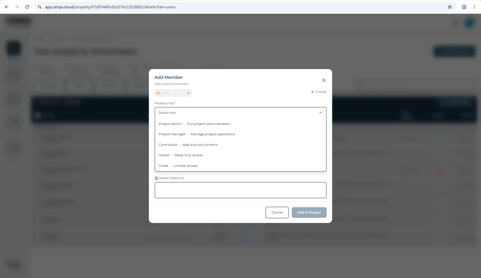 The Add Member dialog on a property's Property Members tab with the role dropdown expanded, showing the five property-level role labels.