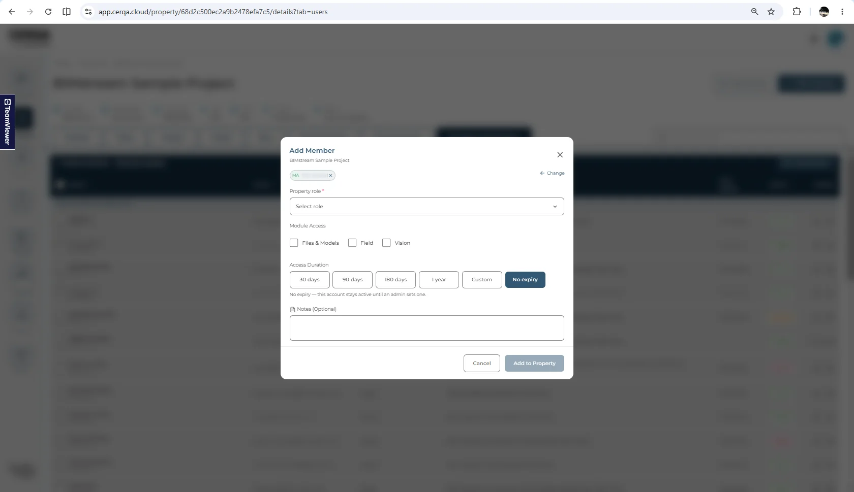 The property Add Member dialog, zoomed to the Module Access section showing the three property-level module checkboxes (Files & Models, Field, Vision) used to grant per-property module permissions on top of company-wide access.