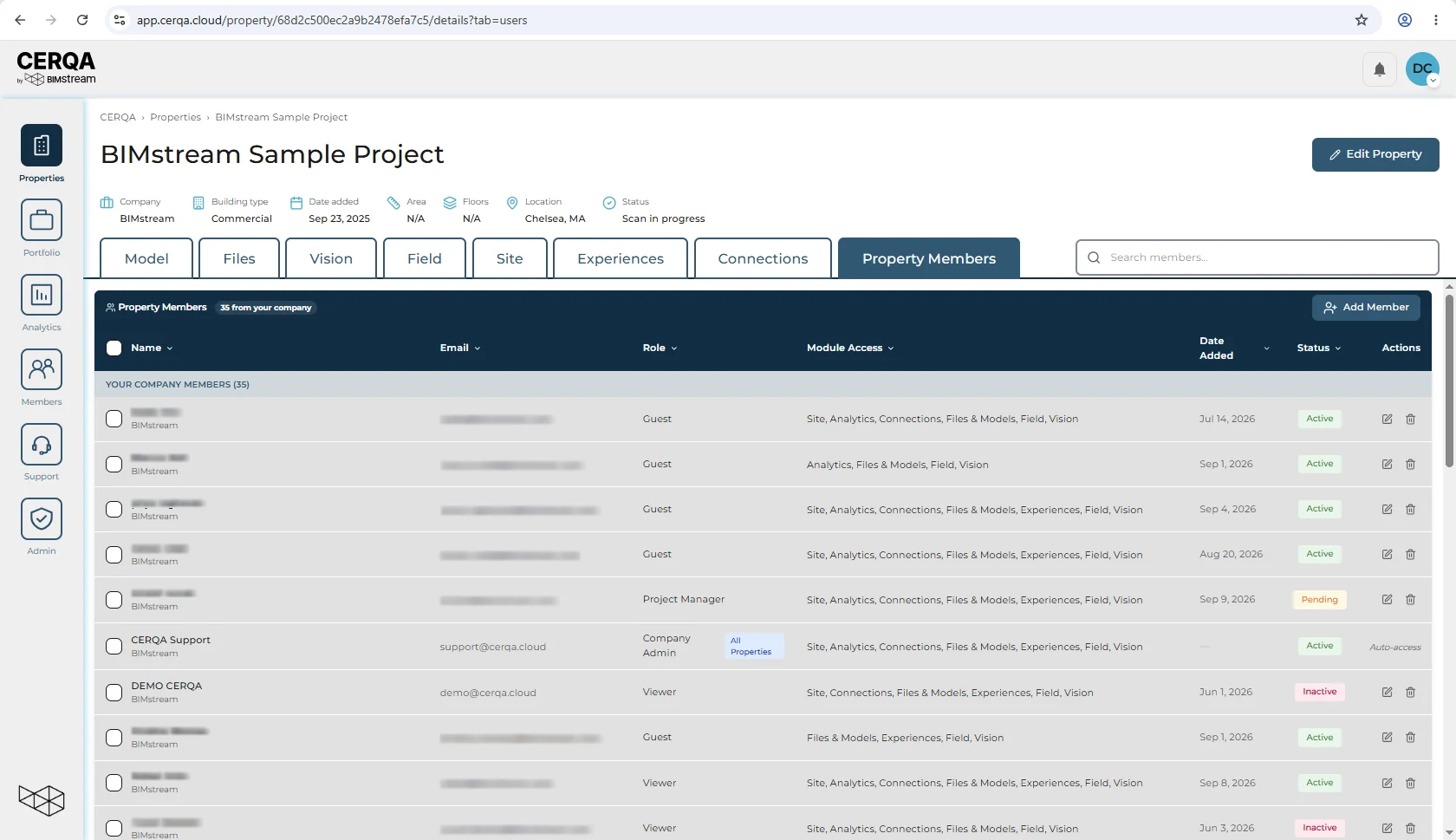 A property's tab bar viewed by a Company Admin at a company that has every module, showing the property tabs in order: Model, Files, Vision, Field, Site, Experiences, Connections, Property Members.