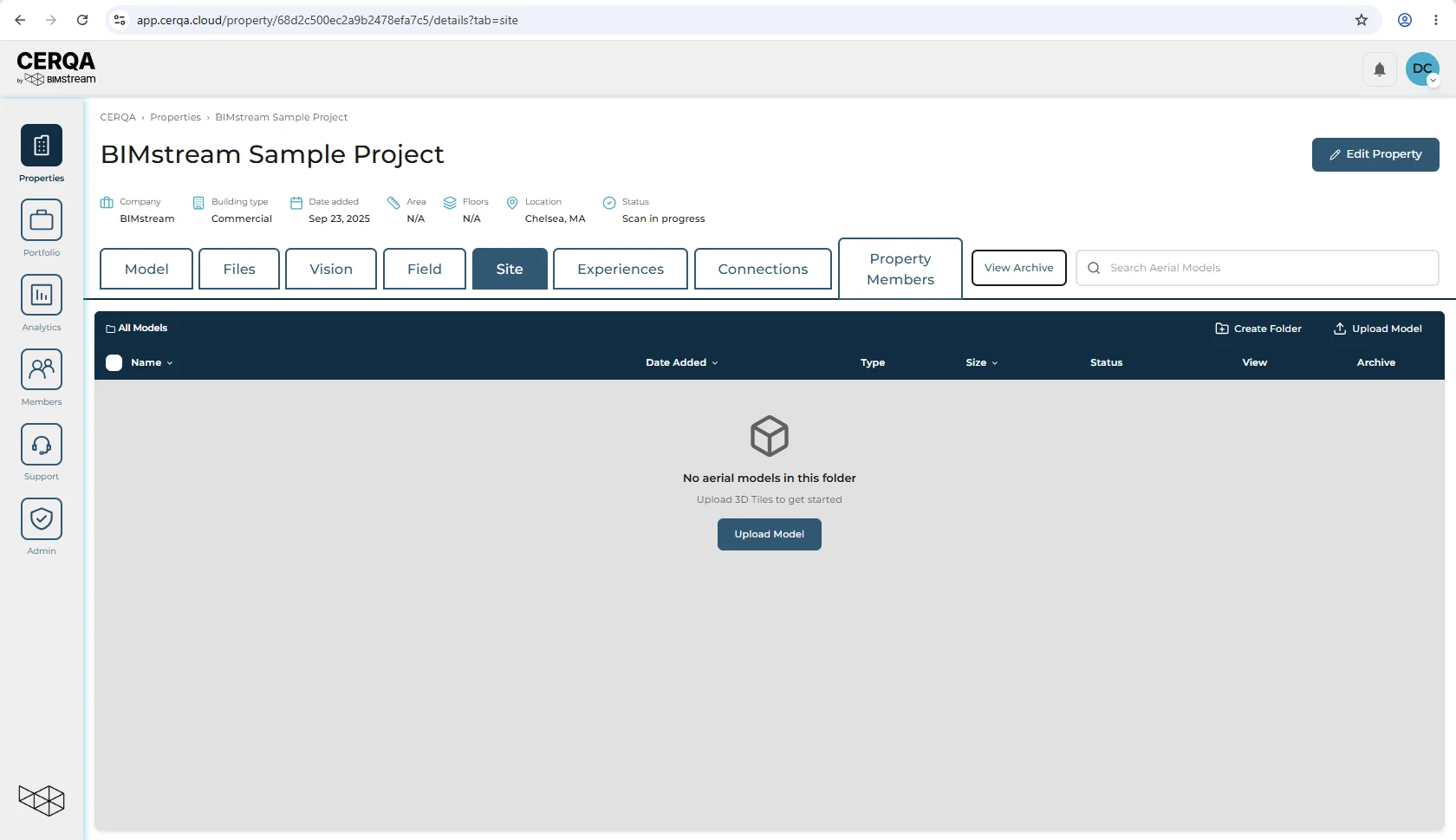 The Site tab on a property in its empty state, showing an Upload Model call-to-action above the empty model list.