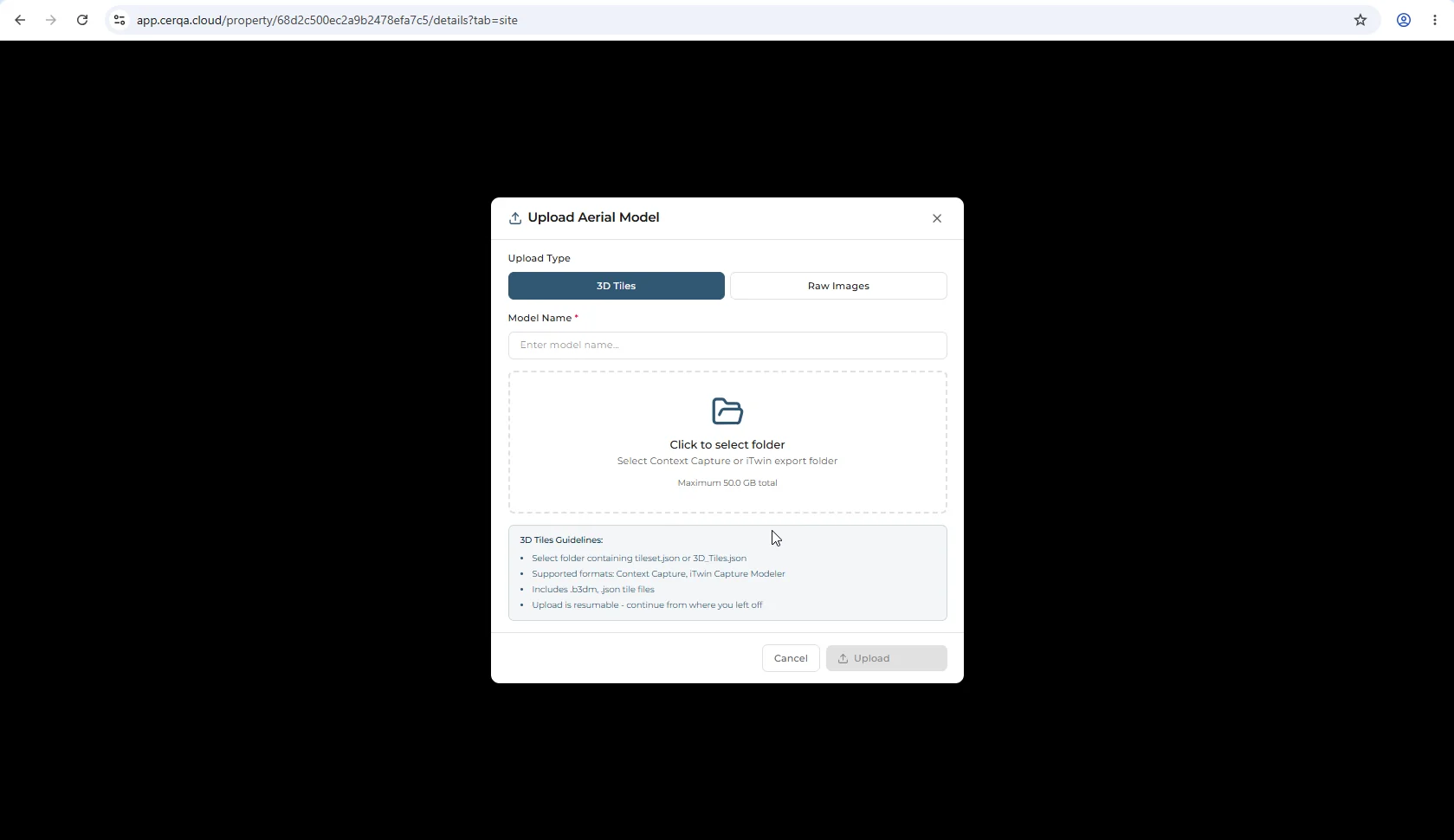 The Upload Aerial Model dialog with the two input options at the top: 3D Tiles and Raw Images. Selecting one swaps the dialog body to that path's specific fields.