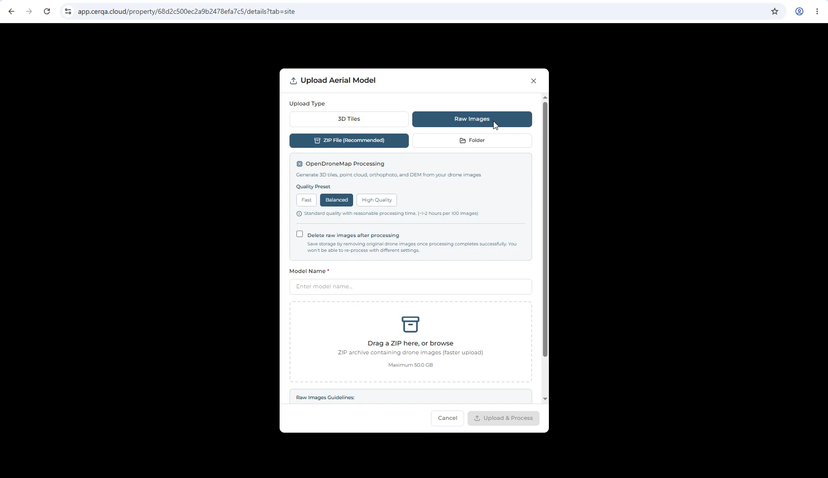 The Upload Aerial Model dialog with Raw Images selected, showing the ZIP File and Folder upload toggles, a Quality Preset selector, and a Delete raw images after processing checkbox.