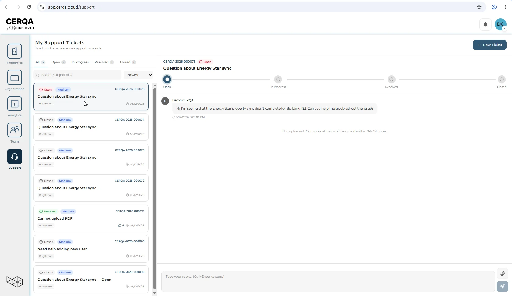 A Support ticket detail view in CERQA showing the four-piece reference set used in an example escalation ticket: company name, property identification, what was tried, and an attached error screenshot.