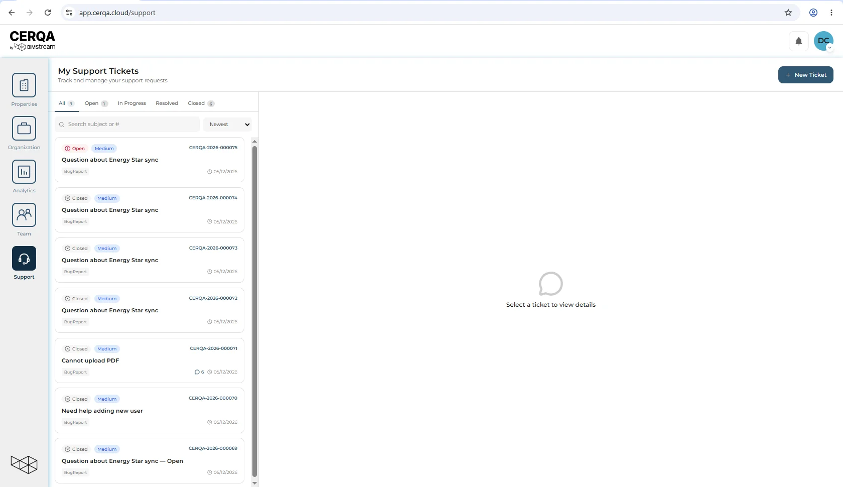 The My Support Tickets page showing tabs for ticket status and a list of tickets with subject lines and timestamps.