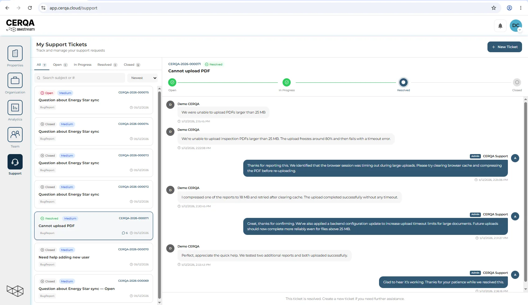 A resolved support ticket expanded to show the original report, replies from CERQA staff, and the resolution note.