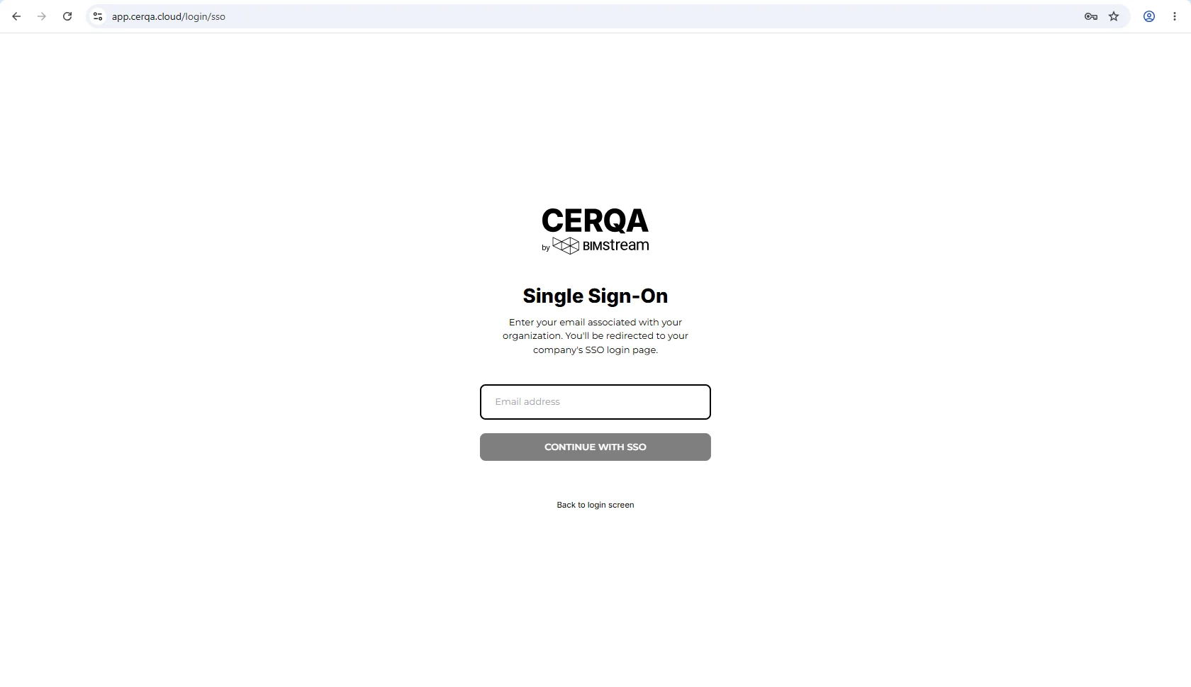 The SSO sign-in page, headed Single Sign-On above a line explaining that entering the email associated with your organization redirects you to your company's SSO login page. Below it a single Email address field, a Continue with SSO button, and a Back to login screen link.
