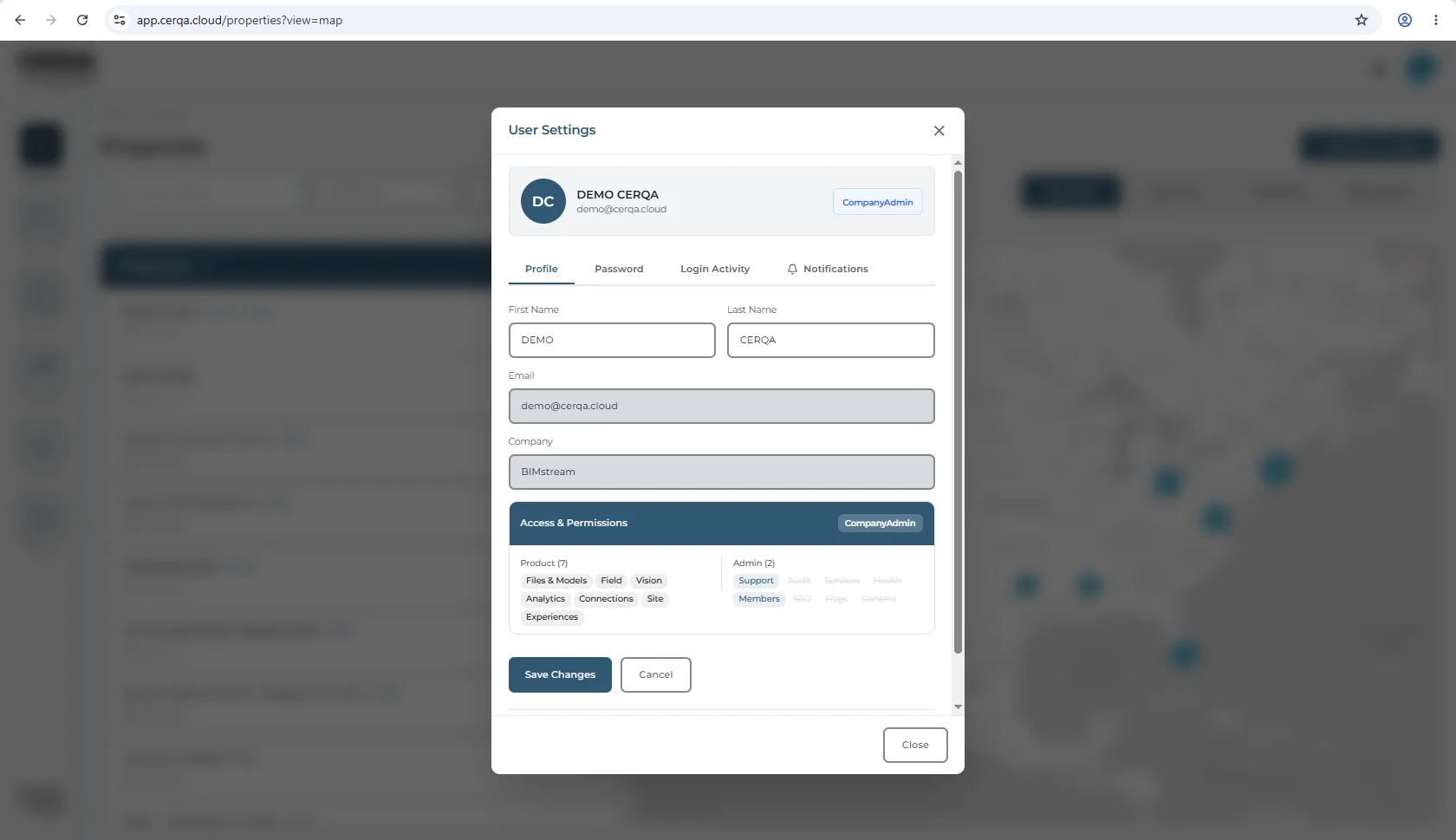 The User Settings modal on the Profile tab under a Company Admin account, in edit mode: First Name and Last Name are editable while Email and Company are greyed and read-only, with Save Changes and Cancel beneath. The Access and Permissions panel sits below, listing the granted Product modules and Admin permissions.