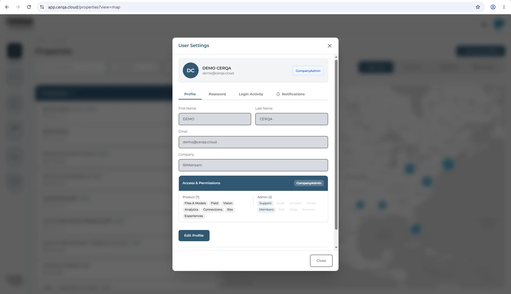 The top of the User Settings modal showing the four tabs in order: Profile, Password, Login Activity, Notifications. The Profile fields below are greyed and read-only with an Edit Profile button, which is how the panel opens before you choose to edit.