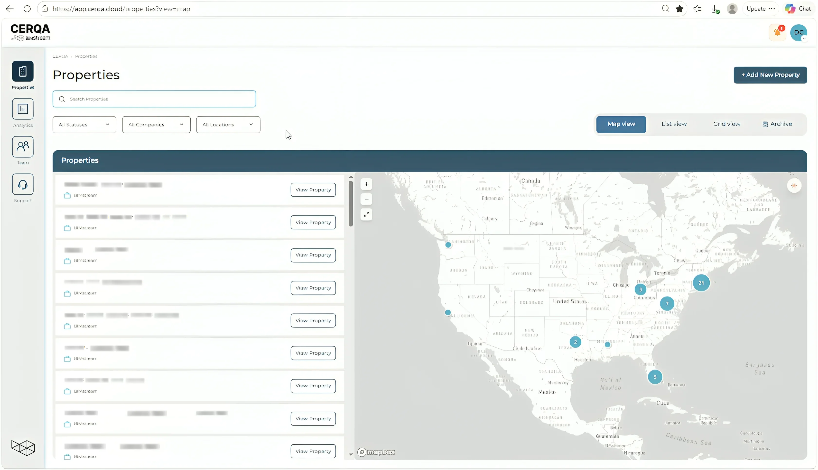 Properties page in Map view with property pins spread across the map.