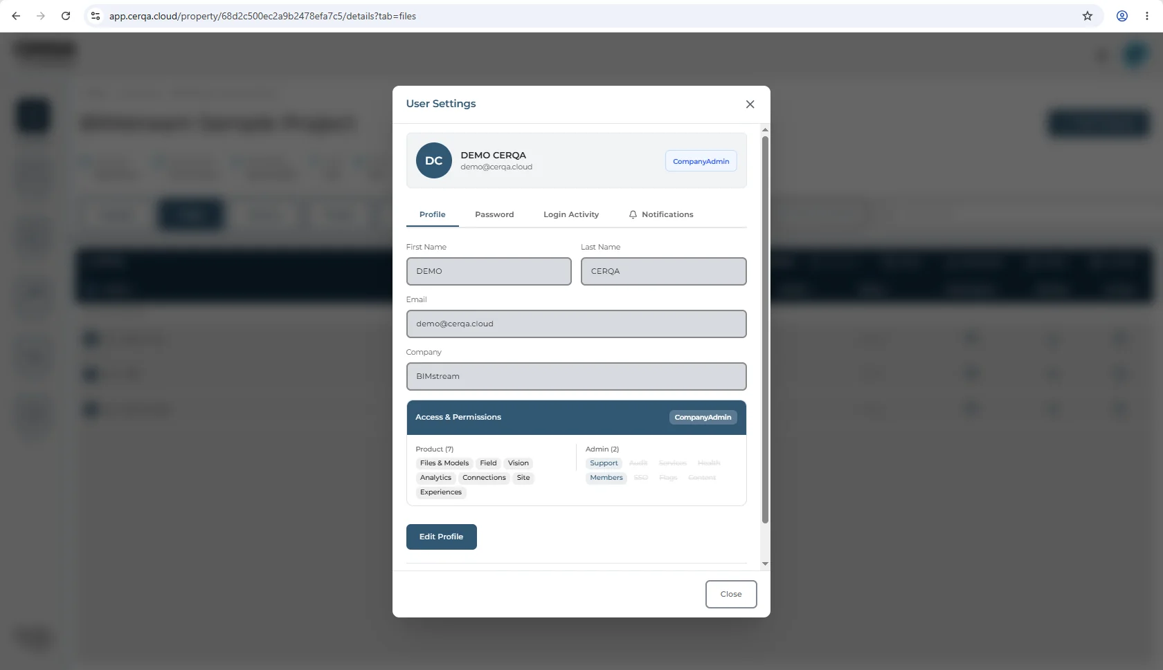 The Access and Permissions panel at the bottom of the User Settings Profile tab, listing the signed-in member's granted Product modules and Admin permissions as read-only chips, with the account's role shown on the panel header.