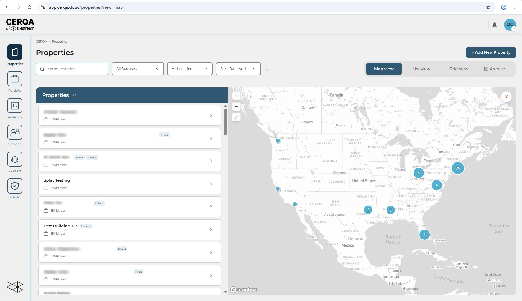 The CERQA Properties page in Map view, with property markers placed across the portfolio area.