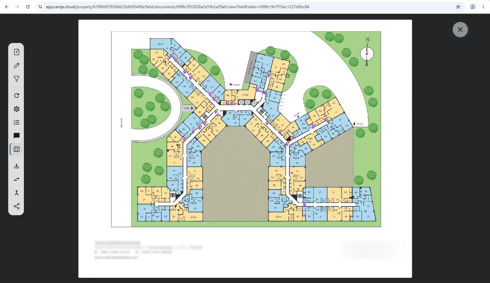 A floor plan open in CERQA Field, filling the work area with Field pins distributed across it, and the Field tool icons running down the left edge. The pin list panel is closed.