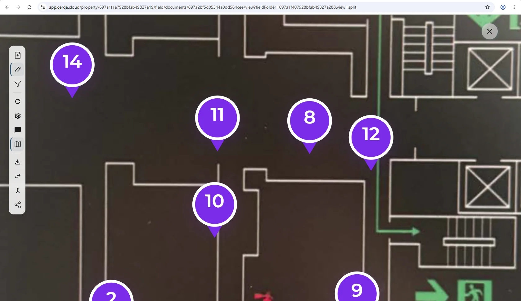 The Field floor plan view zoomed in on a section of the property, showing multiple pins clustered around a specific area. Pin density at this zoom level is visible; pins remain selectable individually.