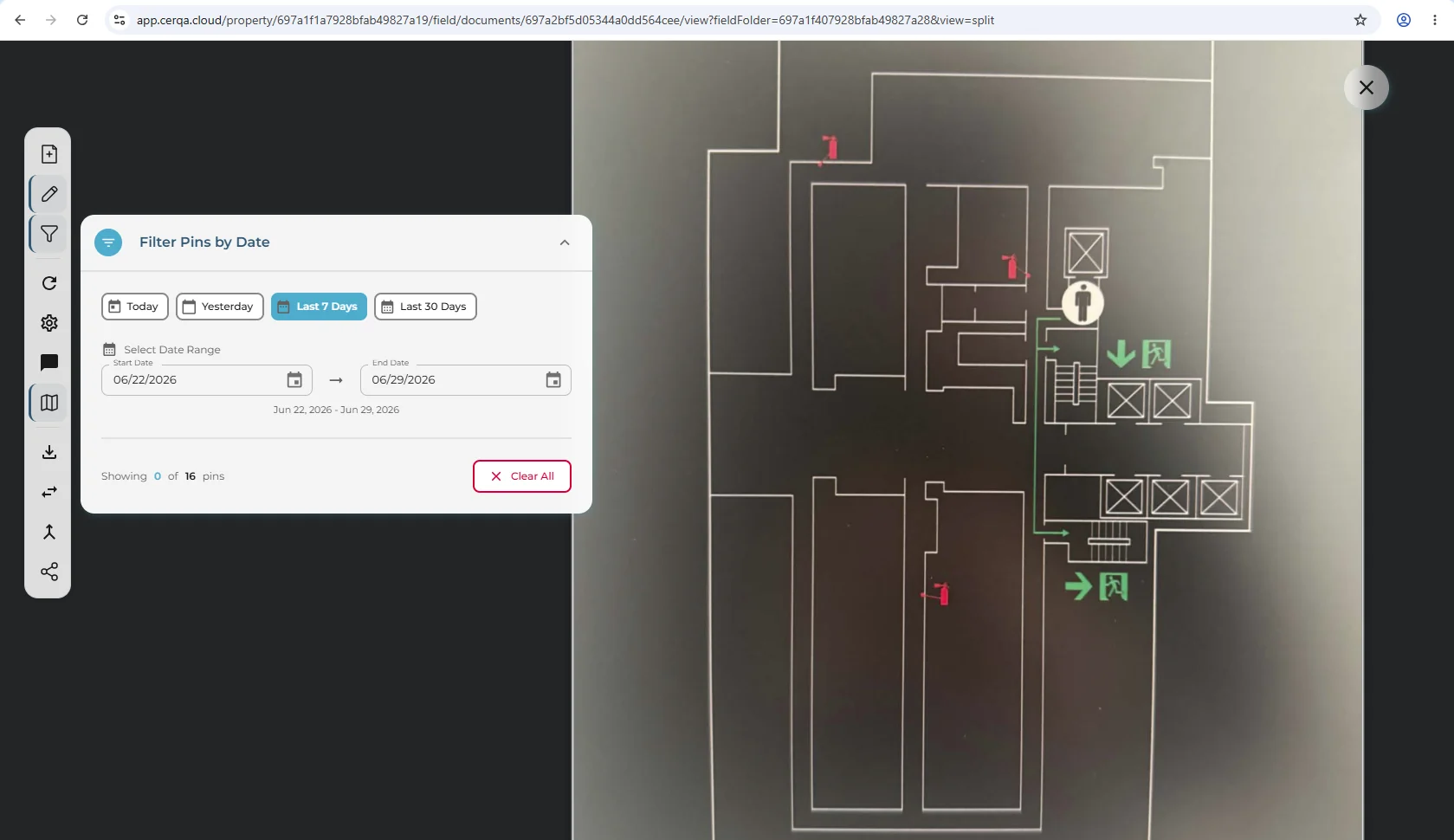The Field tab with a date filter active (e.g., 'Last 7 days' selected) and the 'Showing X of Y pins' count visible below the filter control. The floor plan has re-scoped to show only pins added in the last 7 days.