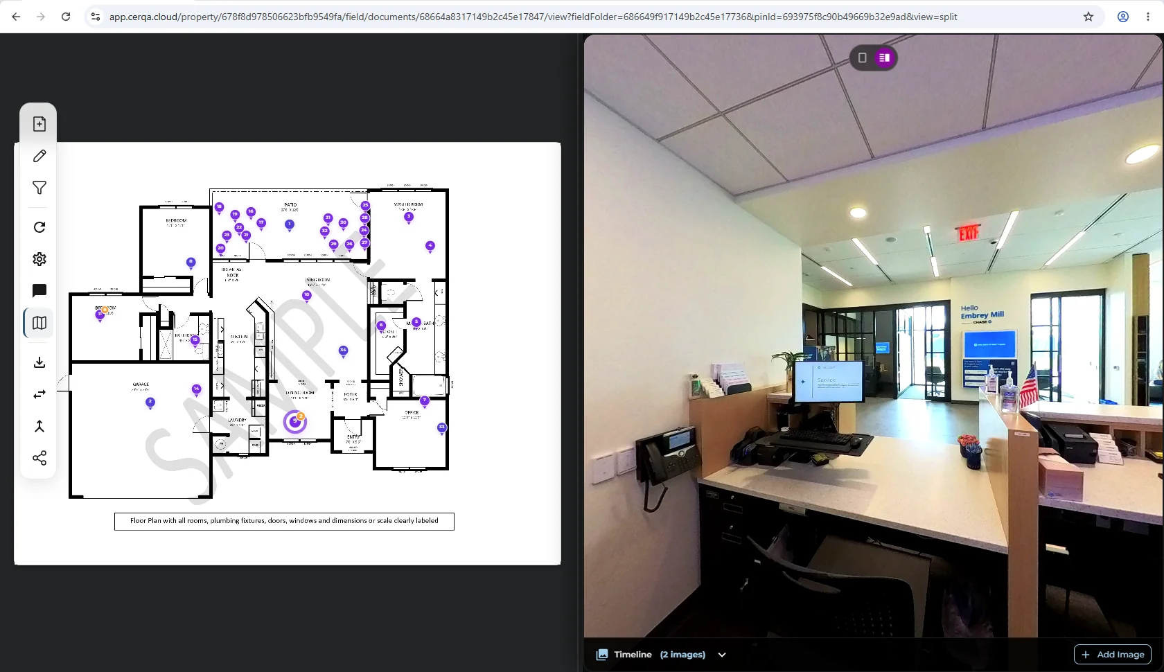 The Field tab in split view: the floor plan with pins visible on the left half of the work area, and the selected pin's 360 panorama visible on the right half. The toggle pill at the top of the right pane shows the split-pane icon highlighted.