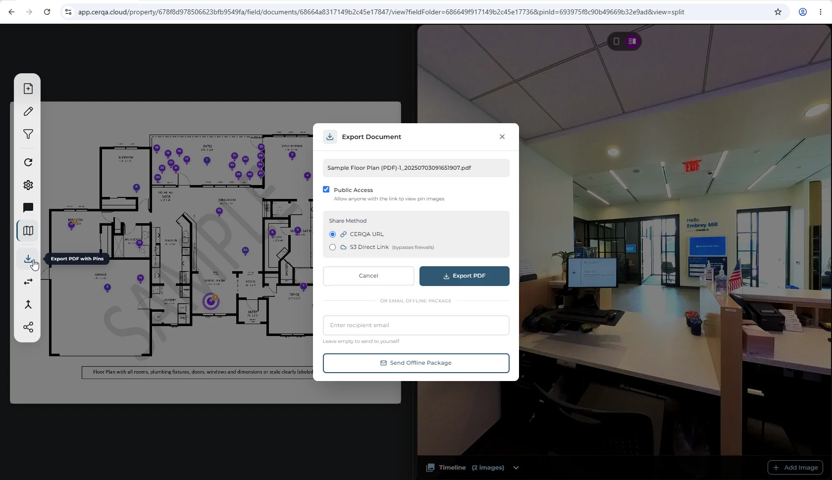 The Field tab open on a property with visible pins on the floor plan; the download icon in the left vertical toolbar is highlighted with the tooltip Export PDF with Pins visible next to it; the Export Document dialog is open showing an auto-generated PDF filename, a Public Access checkbox (allow anyone with the link to view pin images), a Share Method radio group (CERQA URL / S3 Direct Link), Cancel and Export PDF buttons, and below a divider an OR EMAIL OFFLINE PACKAGE section with a recipient email input and a Send Offline Package button.