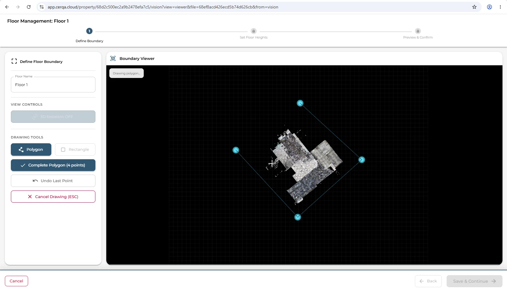 The Define Floor Boundaries action open in CERQA Vision showing a top-down view of the processed point cloud, with a polygon-drawing tool active and a partial floor outline being traced around the building footprint on the current level.