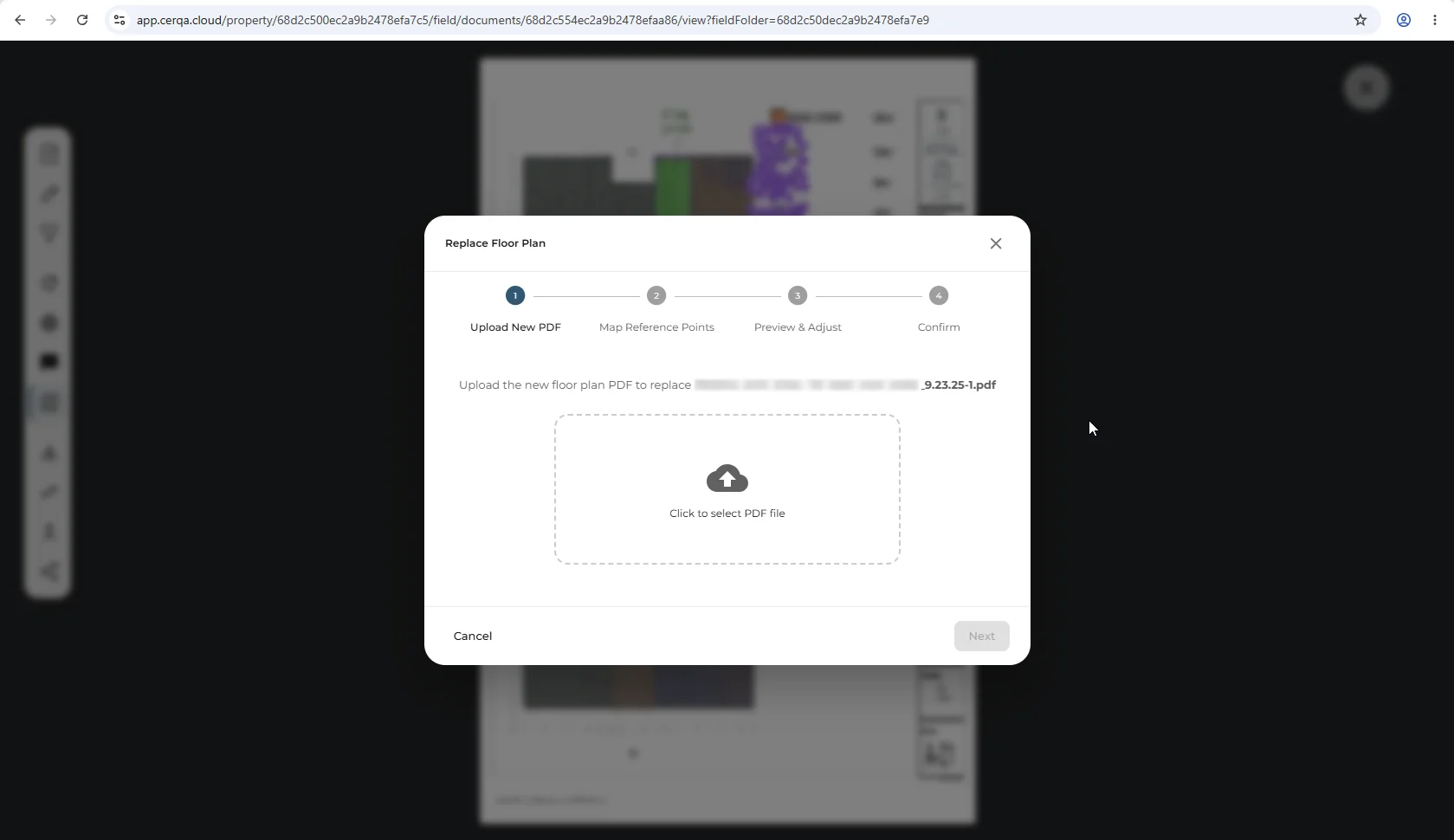 The Replace Floor Plan wizard step 1 in CERQA Field, showing the Upload New PDF dialog with a file picker for selecting the revised PDF plan.