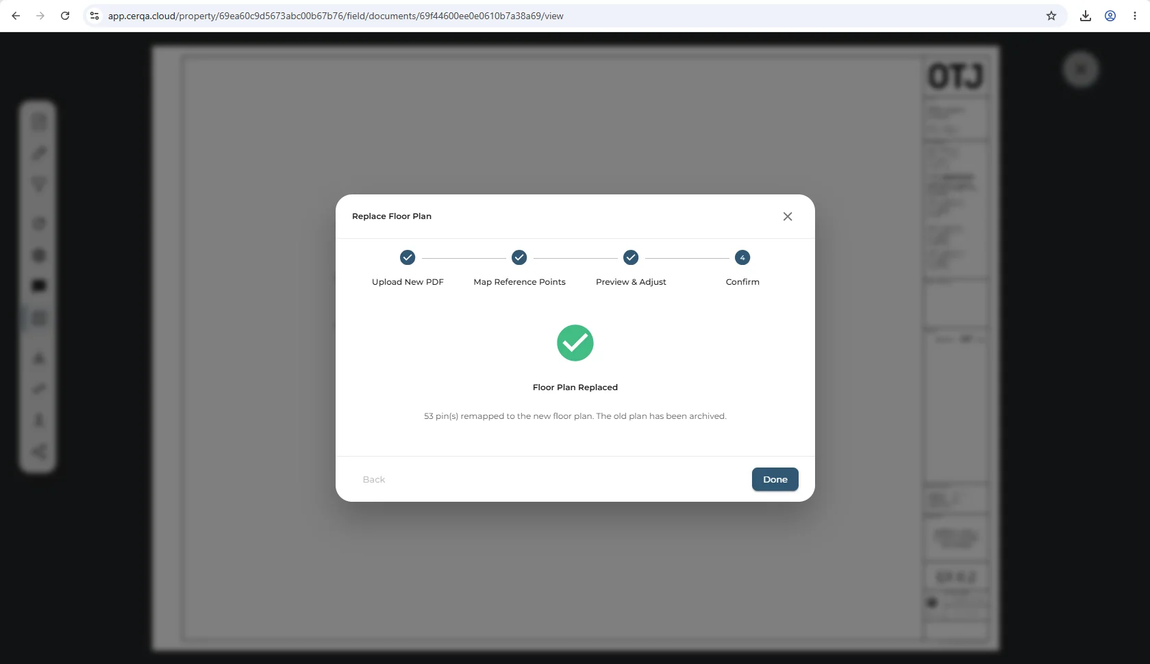 The Confirm step of the Replace Floor Plan wizard with a confirmation button and an 'Archive the old plan' checkbox option visible.