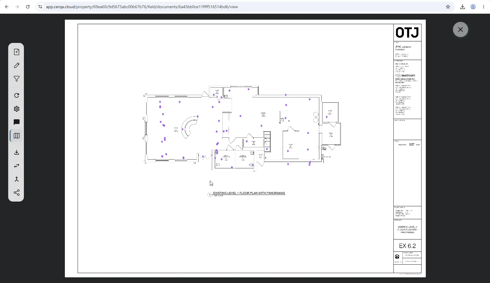 A floor plan open in CERQA Field (an architect-issued level plan sheet) with the existing Field pins overlaid at their locations on the plan - the state after a PDF replace, where the remap has placed the pins on the revised layout.