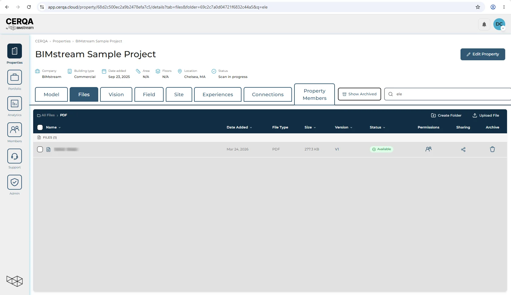 The Files tab with the search bar active, a query typed, and the list narrowed to the matching files. The breadcrumb above the list shows which folder is being searched, and the property tab bar runs across the top: Model, Files, Vision, Field, Site, Experiences, Connections, Property Members.